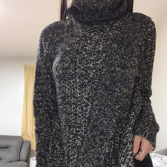 Knit Asymmetrical Button Up Turtleneck Sweater - Picture 3 of 6